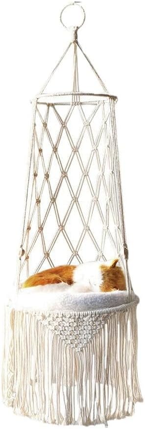 Macrame Hanging Cat Hammock Bed Handwoven Hanging Boho Cat Bed with Hanging Kit for Indoor Outdoor Home Decor Boho Cats Perch Bed for Sleeping Playing Climbing and Lounging for Cats Up to 11 lbs 01