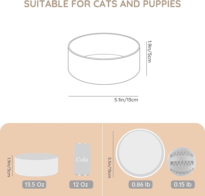 SPUNKYJUNKY 13.5OZ Ceramic Dog and Cat Bowl, Modern Cute Weighted Food Water Bowl for Replacement White (1 Pack)