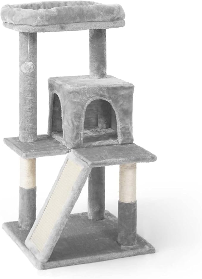 CAPHAUS Cats Kittens Tower with Large Modern Widened Perch, Cute 37-Inch Indoor Multi-Level Cat Activity Tree Scratching Posts, Small Ramp, 2-Door Cave Condo for Cats, Light Grey