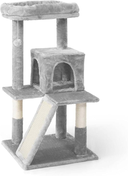 CAPHAUS Cats Kittens Tower with Large Modern Widened Perch, Cute 37-Inch Indoor Multi-Level Cat Activity Tree Scratching Posts, Small Ramp, 2-Door Cave Condo for Cats, Light Grey