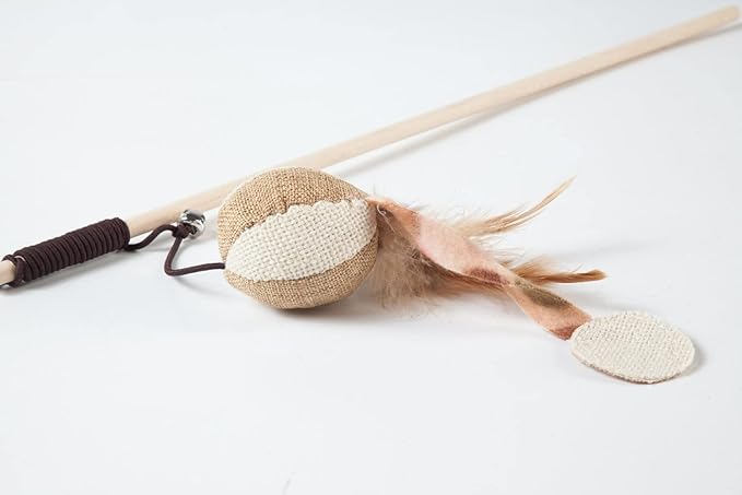 Cat Teaser Cat Kitten Toys Set Natural Sisal Wand Teasers with Mouse, Bell, Feather, Elastic String, and Sturdy Wood Rod