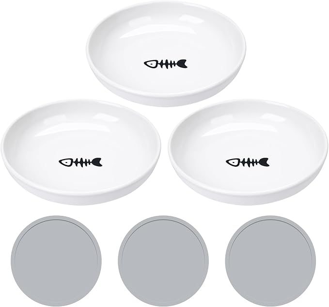 Shallow Ceramic Cat Bowls, 5.9 Inch Wide Cat Dishes Whisker Friendly, 3 Pack Pet Food and Water Plates with Non Slip Mats