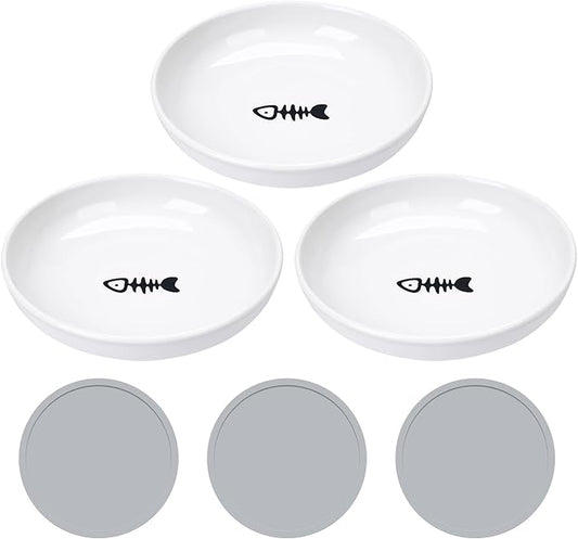 Shallow Ceramic Cat Bowls, 5.9 Inch Wide Cat Dishes Whisker Friendly, 3 Pack Pet Food and Water Plates with Non Slip Mats