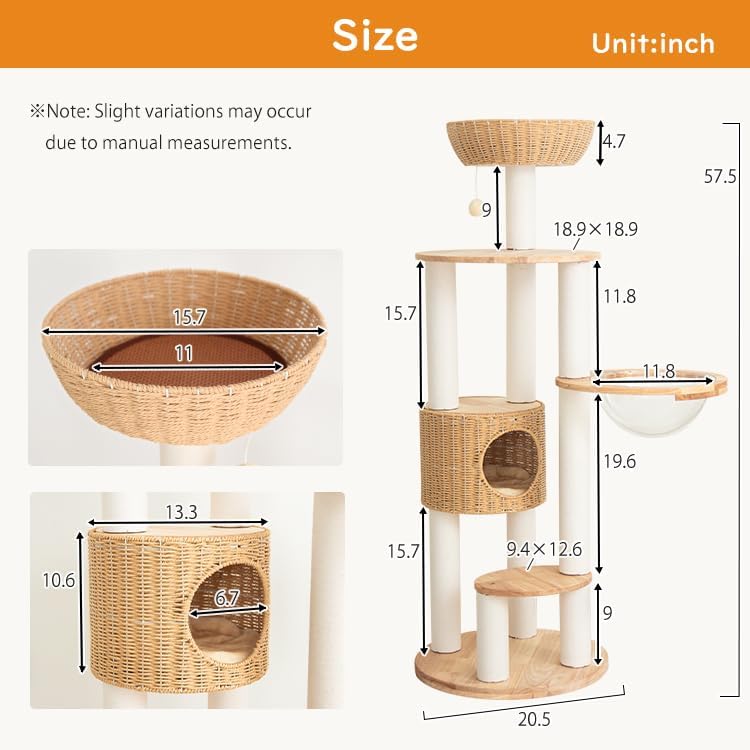 Wooden Cat Tree for Large Cats, Modern Multi-Level Condo with Natural Wood, Indoor Cat Furniture for Medium and Big Pets (Cream Y909S)