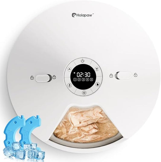 Automatic Cat Feeder Wet Food, 5 Meals Cordless Pet Food Dispenser, Fresh Food Refrigerated Container with 2 Ice Packs, 10s Voice Recording, Programmable Timer Battery Operated（No Included