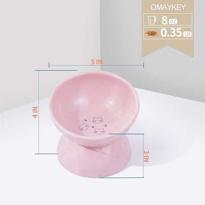 OMAYKEY Ceramic Raised Bowls, Tilted Elevated Food and Water Bowls, Porcelain Stress Free Feeder Bowl Set, Pet Bowl Dish for Cats and Small Dogs, White & Pink, Set of 2