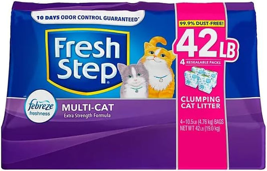 Generic FreshStep Extra Strength Multi-Cat Scented Clumping Litter w/Febreze Scent Cat Litter, 4 Pack 42 lbs, GRAY