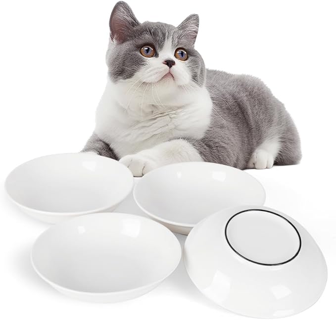 4-Pic Large Cat Bowls,No Spill,6.5" Cat Food Bowl,Anti Whisker Fatigue Healthy Ceramic Cats Dishes Set for Indoor Cats,Shallow Wide Kitten Plates for Food and Water,Non-Slip Silicone Bottom