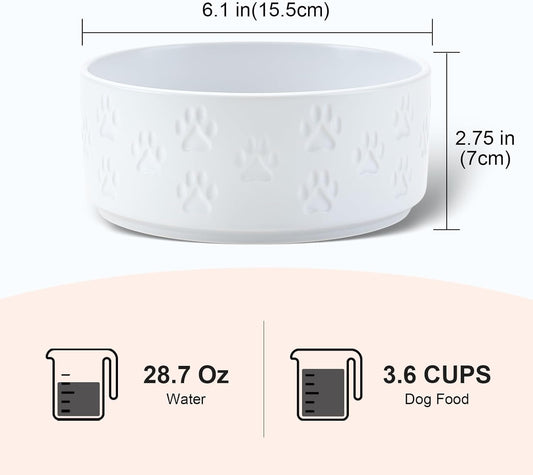 SPUNKYJUNKY Ceramic Dog and Cat Bowls 2 Pack, 6.1'' Dog and Cat Food Water Double Feeding Bowls Non-Slip for Large Sized Breed Microwave Dishwasher Safe - 28.7 OZ, 2pcs, Paw White