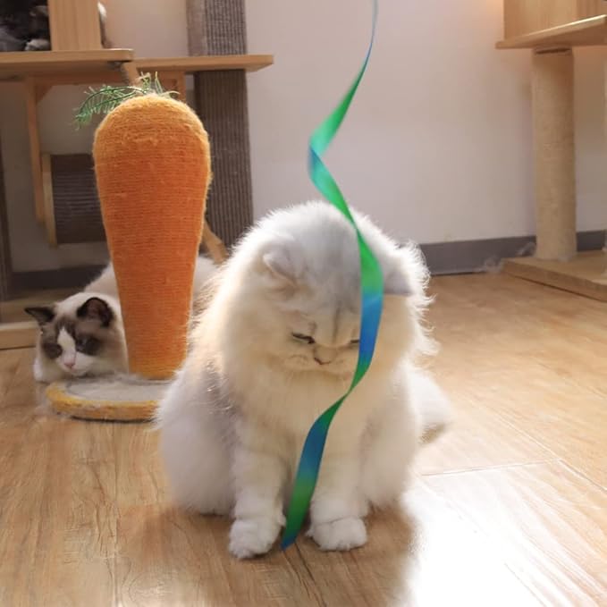 LASOCUHOO Interactive Cat Rainbow Wand Toys, Interactive Cat Teaser Wand String, Colorful Ribbon Charmer for Most Cats and Kittens - 2 PCS