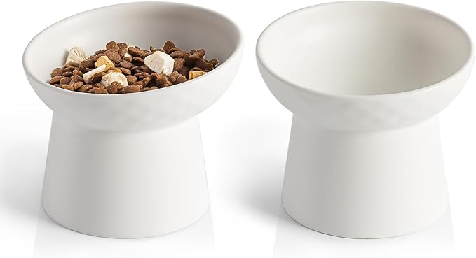 YauYik Ceramic Raised Cat Bowls, Elevated Tilted Cat Food and Water Bowls Set, Stress Free Pet Feeding Dish for Indoor Cats and Small Dogs, Anti Vomiting, White, 2 Pack