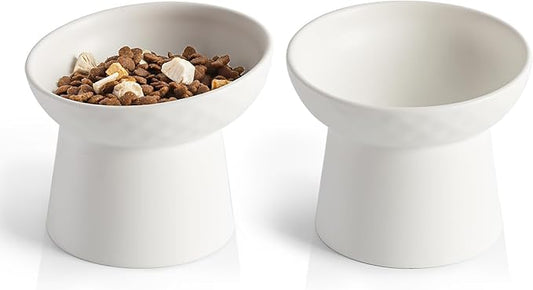 YauYik Ceramic Raised Cat Bowls, Elevated Tilted Cat Food and Water Bowls Set, Stress Free Pet Feeding Dish for Indoor Cats and Small Dogs, Anti Vomiting, White, 2 Pack