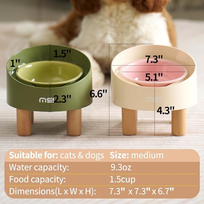 Ceramic Elevated Cat Bowls, Adjustable Raised Double Bowls Set, Pet Bowl with Anti Slip Rubber Pad, Leak-Proof, Stress Neck Free Food & Water Bowls for Small Dogs Geen
