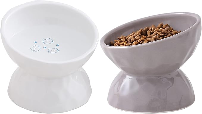 AOMRYOM Raised Cat Food Bowl, Ceramic Elevated Tilted Cat Bowls for Food and Water, Pet Bowl Dish Set for Cats and Small Dogs, Protect Cat's Spine, White & Grey, Set of 2
