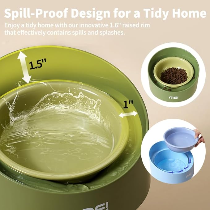 Ceramic Elevated Cat Bowls, Adjustable Raised Double Bowls Set, Pet Bowl with Anti Slip Rubber Pad, Leak-Proof, Stress Neck Free Food & Water Bowls for Small Dogs Geen