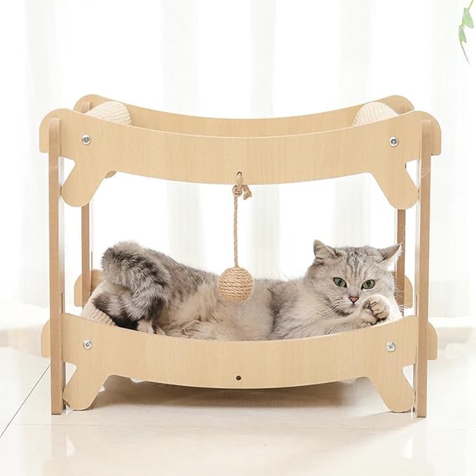 Multi-Level Sisal Cat Scratcher Bed | 2 & 3-Tier Wooden Cat Tower with Sisal Scratching Surface | Wood Pet Furniture (Medium)