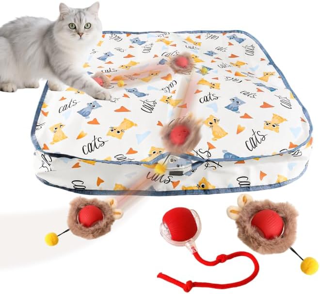 Interactive Cat Toys Ball - 2pcs Automatic Fast Rolling Ball in Play Mat, Hide and Seek Mouse Catching Game, Low-Noise Cat Enrichment Toys in Pouch for Indoor Bored Cats(Heart Pattern-Square)
