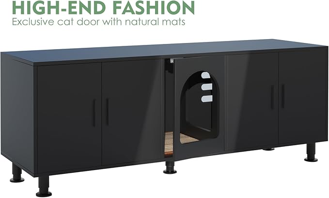 Double Litter Box Enclosure, Litter Box Enclosure for 2 Litter Boxes, Modern Litter Box Furniture for 2 Cats, with Cat Door & Motion Light (Black)