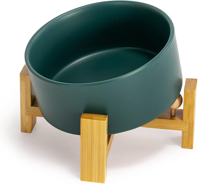 SPUNKYJUNKY 15° Slanted Ceramic Dog and Cat Bowl with Wooden Stand, Tilted Bulldog Food and Water Bowl No Slip Non-Spill for Cats Medium Dogs Big Face Pets 28.7 OZ (3.6 Cups, Green)