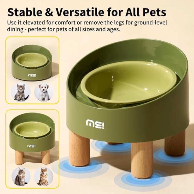 Ceramic Elevated Cat Bowls, Adjustable Raised Double Bowls Set, Pet Bowl with Anti Slip Rubber Pad, Leak-Proof, Stress Neck Free Food & Water Bowls for Small Dogs Geen