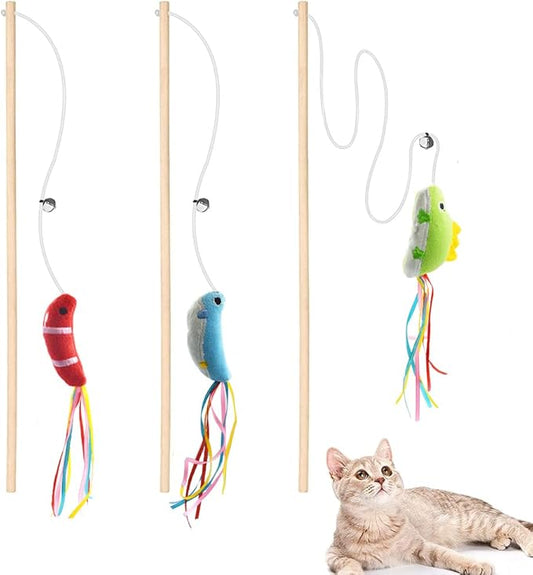IUHKBH Cat Wand, 3 PCS Interactive Kitten Toys Wooden Handle Kitten Teaser Toys with Cute Fish Tail Sturdy Cat Sticks