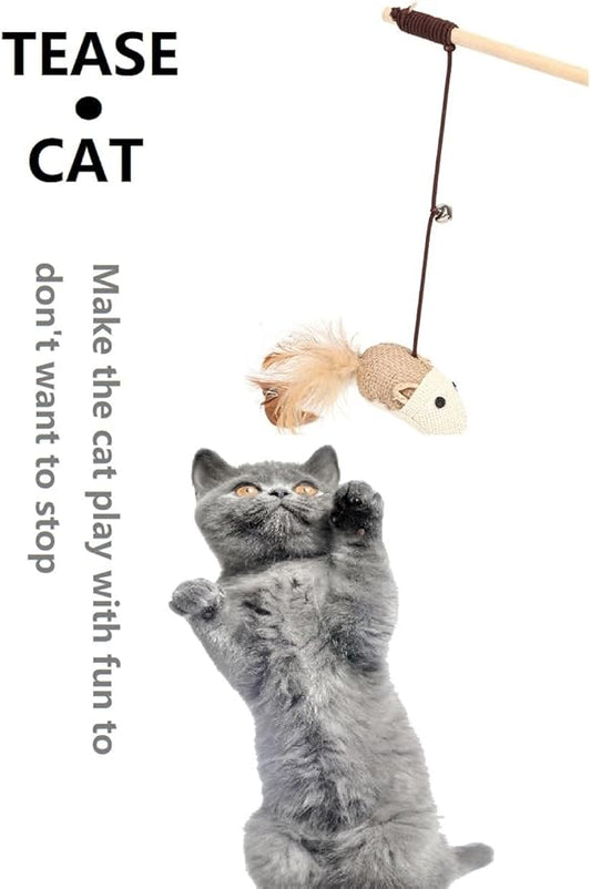 Cat Teaser Wand Toys with Feathers and Bells, Interactive Mouse and Bell Design,Interactive Toys 5-Piece Set for All Breed Sizes
