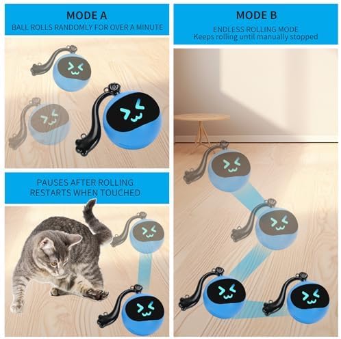 Interactive Cat Toy Ball for Bored Indoor Adult Cats,Rechargeable Automatic Moving Mouse Chase Toy with Colourful LED Light,Smart Remot Control Cat Toy Rolling Ball Speed Moving Tail Blue