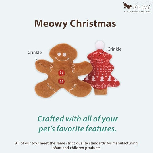 P.L.A.Y. Cute Cat Toys - Holiday & Christmas Themed Organic Catnip Filled Toy, Great for Adult Cats and Kittens - Machine Washable, Recycled Materials, Crinkles, Rattles (Meowy Christmas, Set of 2)