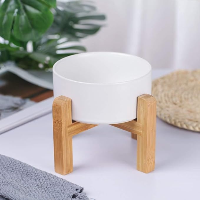 Ceramic Elevated Raised Cat Bowl with Wood Stand No Spill Pet Food Water Feeder Cats Small Dogs