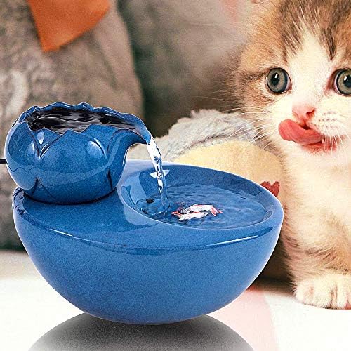 Ceramic Cat Drinking Water Fountain, 1.3 Liters Pet Water Fountains for Cats and Dogs, Electric Pet Water Dispenser with Quiet Pump and 5 Replacement Filters - Blue Lotus Style