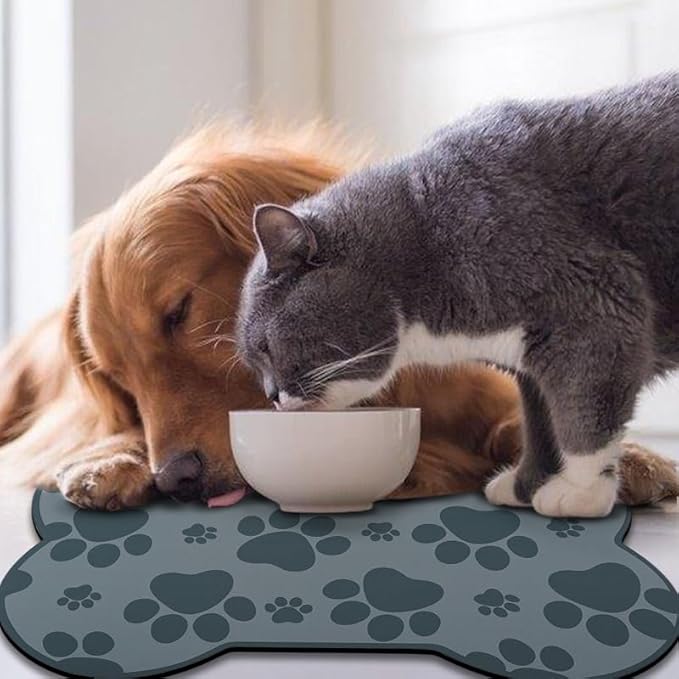 Dog Food Mats for Floors Waterproof, Pet Feeding Absorbent Water Bowl Mat Cat Placemats Gray Bone Shape 23.6 * 15.7 inch