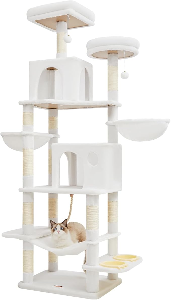 Taoqimiao 76-Inch Cat Tree Cat Tower for Indoor Cats, Plush Multi-Level Cat Condo with 12 Scratching Posts, 2 Perches, 2 Caves, Hammock, 2 Pompoms MS016C Cream White