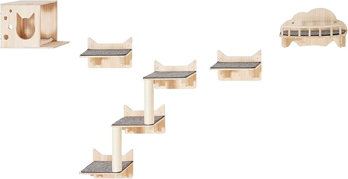 VEVOR Wall Mounted Cat Shelves, Wall Shelves and Perches with Jumping Boards, Nest, Barrier Board & Cat Tree, Cat Floating Furniture up to 40 lbs for Sleeping, Playing, Climbing, Set of 5