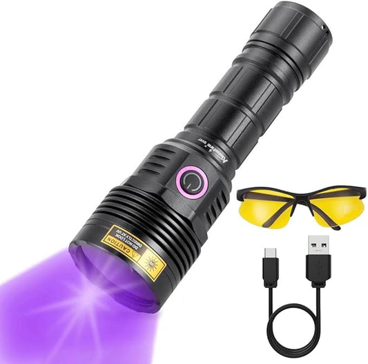ALONEFIRE SV47 12W 365nm UV Flashlight USB C Rechargeable Long Range Black Light Pet Urine Detector for Resin Curing, Fishing, Scorpion, Minerals, Bed Bugs, Leaks with UV Protective Glasses, Battery