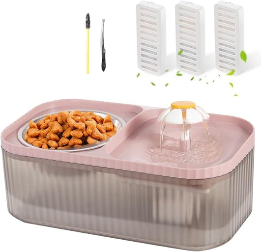 Marchul Cat Water Fountain and Stainless Steel Food Bowl, 100oz/3L Super Quiet Automatic Pet Water Dispenser with Smart Pump and 3 Replacement Filters for Cats and Small Dogs, Pink