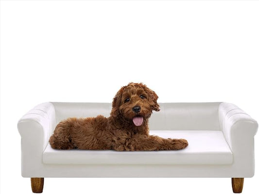 Critter Sitters 42-In. Elegant Cream Faux-Velvet Rectangular Dog Sofa for Medium and Large Dogs, Durable Elevated Dog Sofa Bed, Comfortable Dog Couch, Modern and Stylish Dog Sofa for Large Dogs