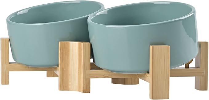 SPUNKYJUNKY 15° Slanted Ceramic Dog and Cat Bowl with Wooden Stand, Tilted Bulldog Food and Water Bowl No Slip Non-Spill for Cats Medium Dogs Big Face Pets 28.7 OZ (3.6 Cups, Light Green × 2)
