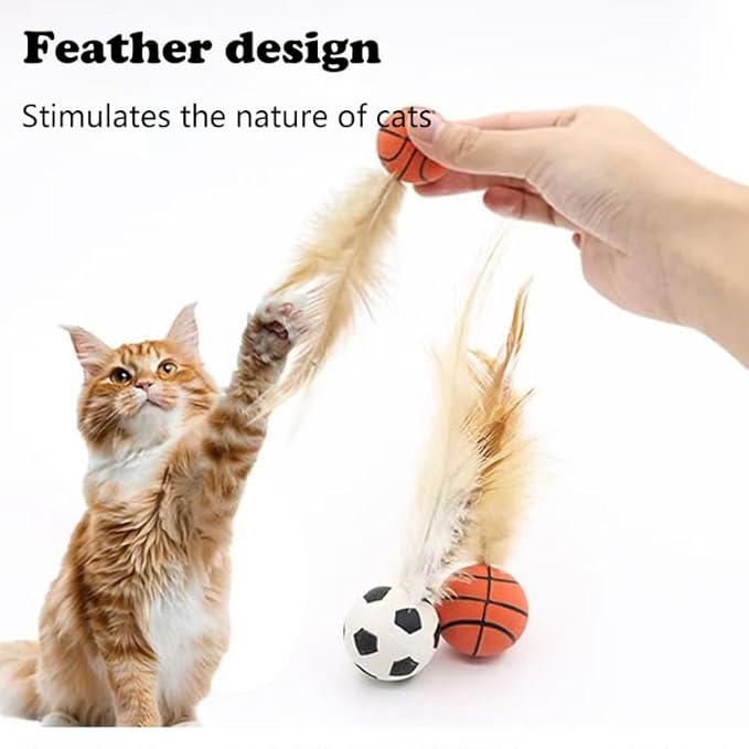 2025 Interactive Feather Cat Toy Ball Set – Elastic Bouncy Pet Toys with Natural Feathers, Silicone Rolling Balls for Indoor Cats & Kittens, Safe, Fun & Durable (1 Set)