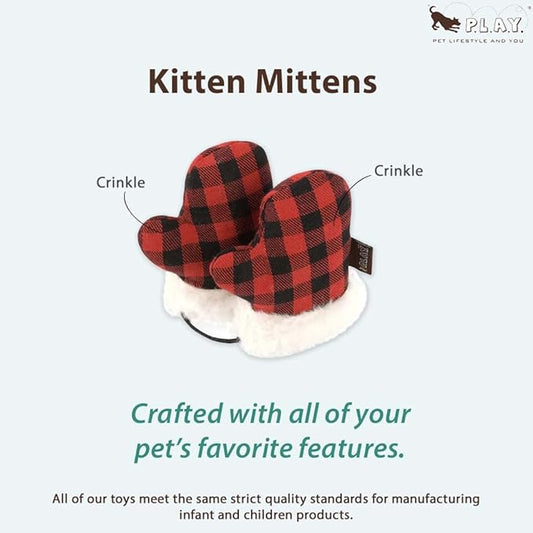 P.L.A.Y. Cute Cat Toys - Holiday & Christmas Themed Organic Catnip Filled Toy, Great for Adult Cats and Kittens - Machine Washable, Recycled Materials, Crinkles, Fur (Kitten Mittens, Set of 2)