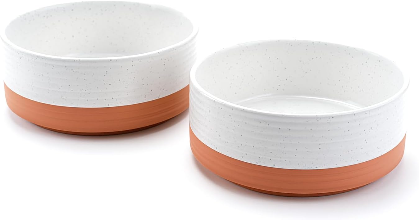 SPUNKYJUNKY Ceramic Dog and Cat Bowls 2 Pack, 5.1'' Dog and Cat Food Water Double Feeding Bowls Non-Slip for Cats and Puppy Small Sized Breed Microwave Dishwasher Safe - 13.5 OZ, 2pcs, Pattern White