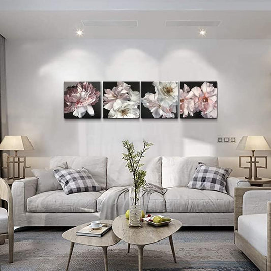 Yxbhhym Floral Canvas Wall Art White Flowers Wall Picturs Prints Pink Florals Artwork for Wall Décor Painting Poster for Bathroom Art Living Room Decor-Framed Wall Art -12x12inches x 4 pcs