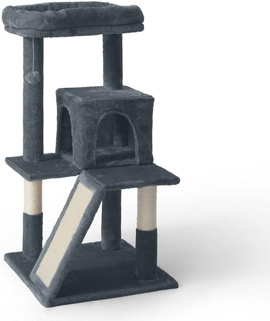 CAPHAUS Kittens Tower with 2-Door Large Cave Condo, Activity Indoor Cat Tree with Large Widened Perch, Multi-Level with Cute Cats Scratching Posts, Modern Ramp, 37-Inch Activity Tree for Small Cats