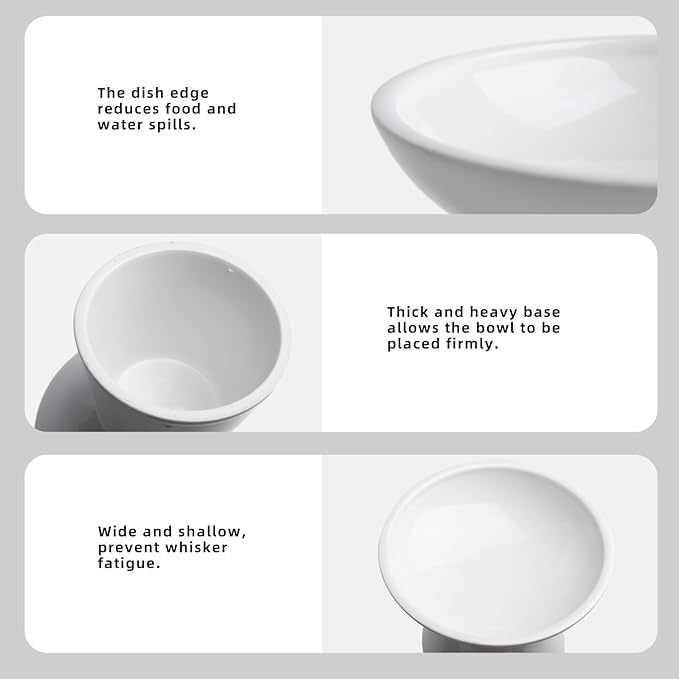 Extra Wide Elevated Cat Feeder Set, Ceramic Cat Bowl with Food & Water, Shallow Dish to Prevent Whisker Fatigue, Lead & Cadmium Free - Great Height for Adult Cats (White, 1 pc)