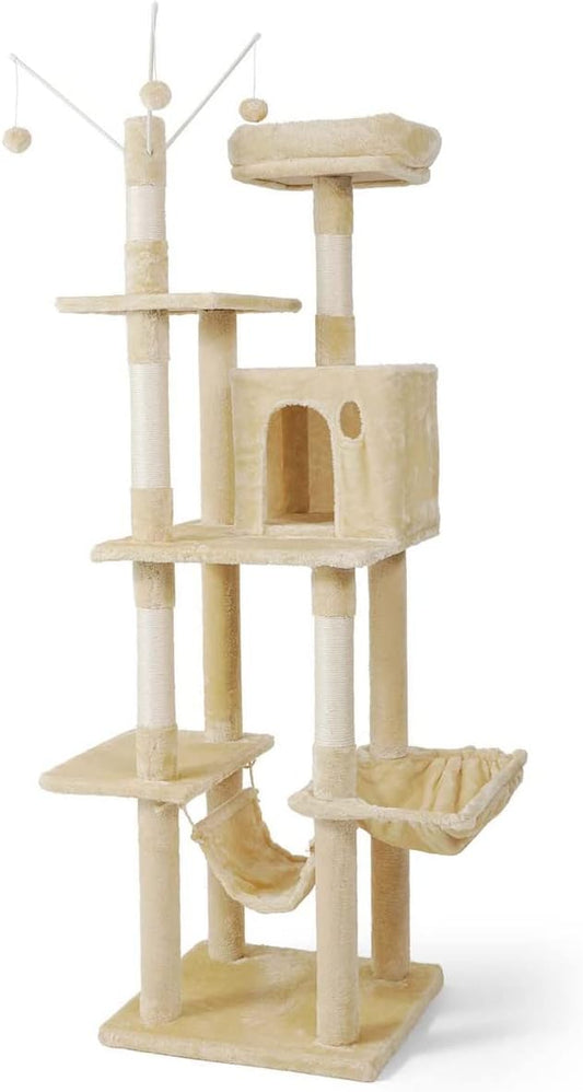 CAPHAUS Tall Climbing Modern Indoor Play Tower for Large Cats Kittens, 70-Inch with Top Perch, Cat Cave Condo, Cat Tree w Hammock, Multi-Level Cat Activity Tree w Cute Scratching Posts