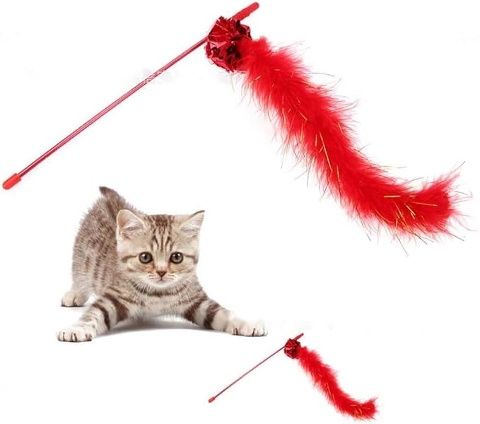 PETCTN Red Cat Teasing Stick Toy - Interactive Stick with Sparkly Feather Boa & Crinkle Ball for Indoor Cat Training & Fun