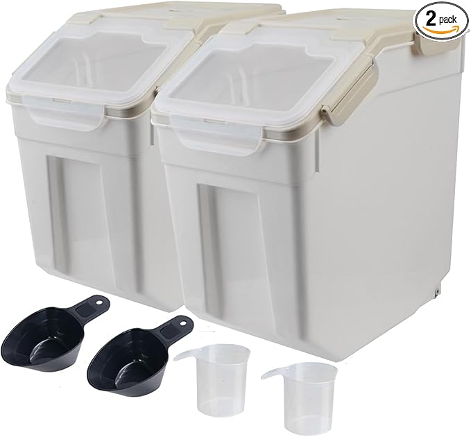 AnRui Airtight Flour Storage Container 25lb, Plastic Grain Storage Bucket, Rice Cereal Dispenser Organizer Box with Lid, Cat Dog Food Storage Bin with Measuring Cup, Scoop, Wheels, 2Pcs Grey