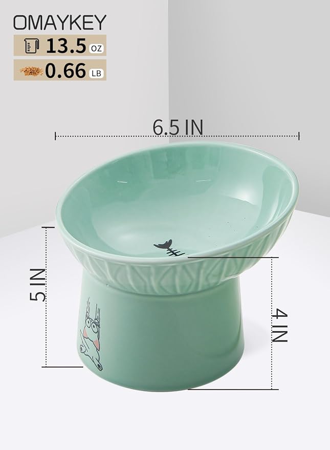 OMAYKEY Extra Wide Raised Cat Bowls, 6.5 Inch Wide Ceramic Tilted Elevated Cat Bowl, Prevent Neck & Whisker Fatigue, Anti Vomit for Cats Puppies, Dishwasher and Microwave Safe, 2 Pack