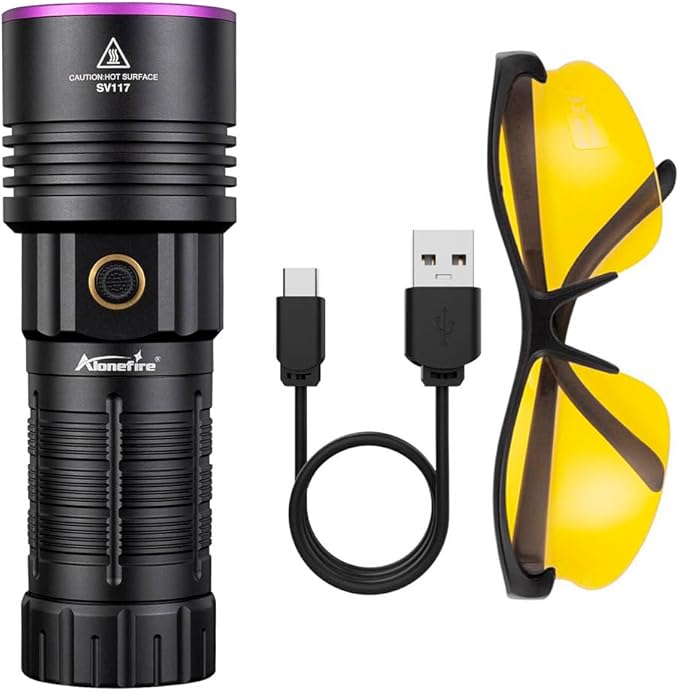 ALONEFIRE SV117 365nm UV Flashlight 70W Powerful Blacklight Digital Display USB Rechargeable Black Light for Pet Urine Detector, Scorpion, Resin, Bed Bug, Fishing with UV Protective Glasses, Battery