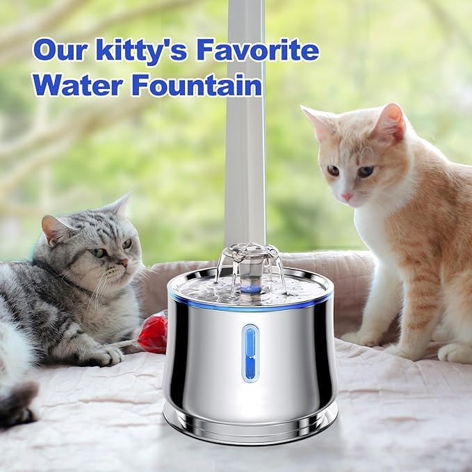 Automatic Pet Water Fountain with Water Level Window, 2.5L Stainless Steel, Ultra-Quiet for Cats & Dogs Comedero Automático Inteligente de 2.5L para Gato y Perro
