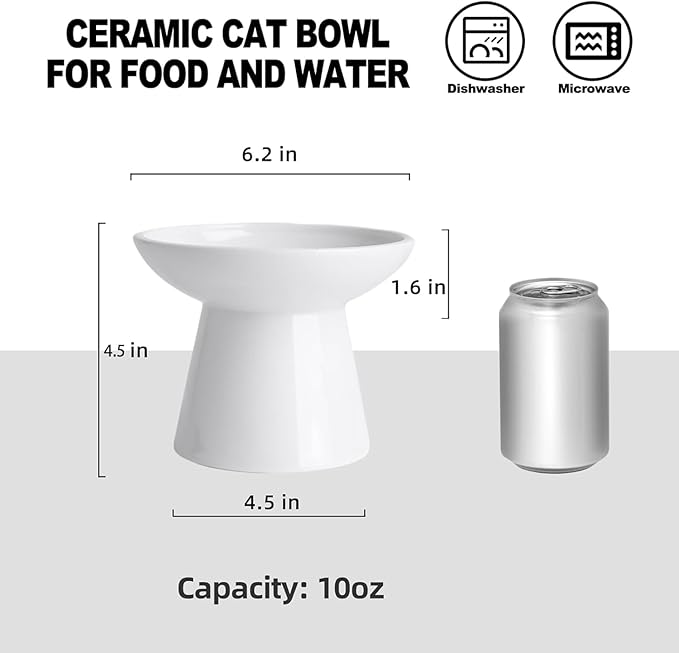 6.2 Inch Extra Wide Elevated Ceramic Cat Bowls, Food and Water Bowl Set for Elder Big Cats Small Dogs, Raised Design for Pet Easy Eating, Protect Cat's Spine Set of 4(White)